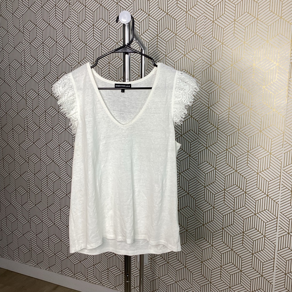 Generation Love White Lace Linen Sleeveless V-Neck Top large